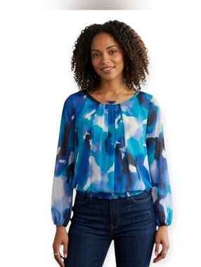 East 5th Women's Blue Watercolor Abstract Chiffon Blouse Size Medium